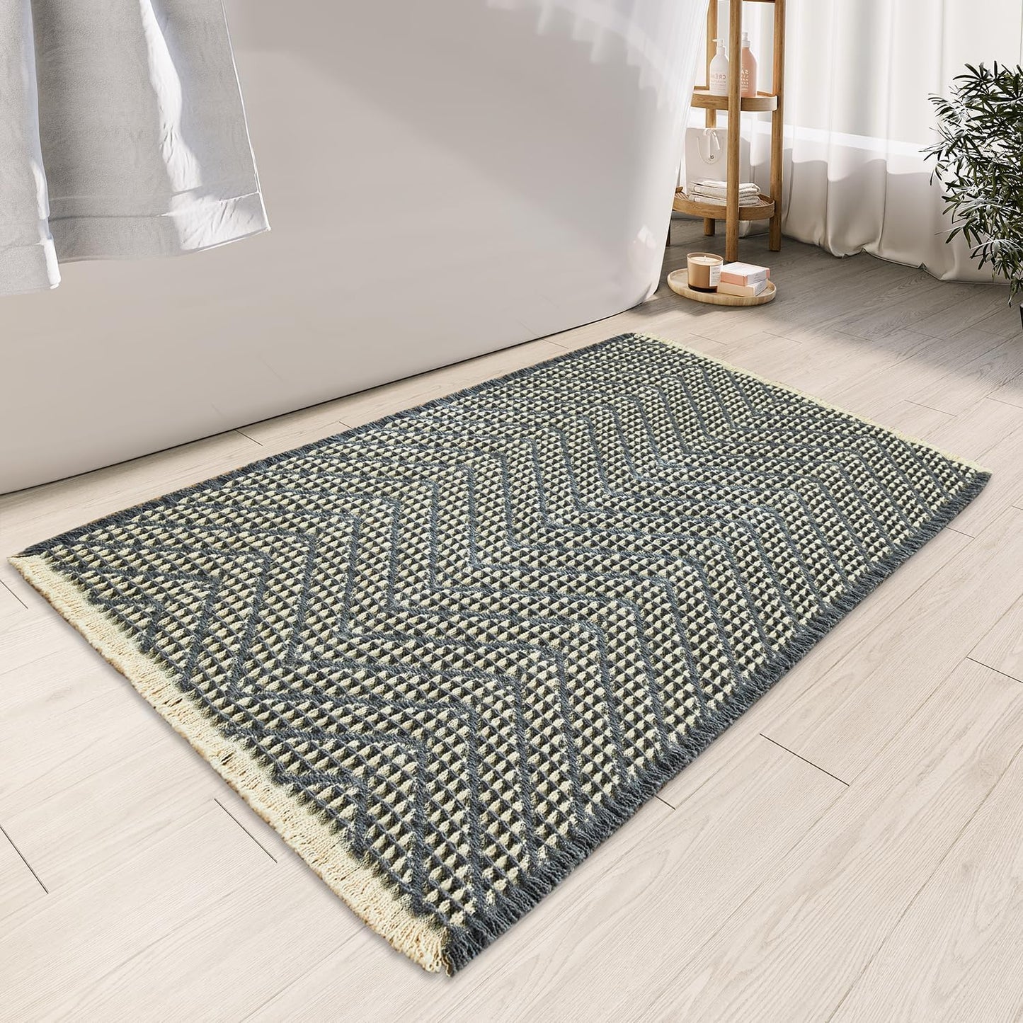 Woven Bath Mat,Upgraded Waffle Self Drying Bath Rug,Super Absorbent Non Slip Bath Drying Mat,Floor Rugs Non Slip Washable for Shower Room,Ultra Soft,Bluish Grey & Yellow,24"*36"