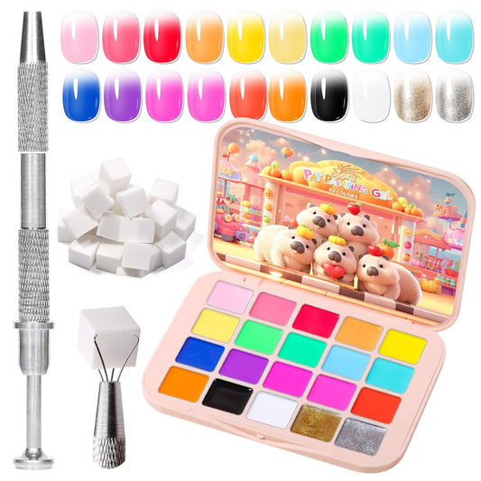 Sponge Pat Painting Gel, 20 Colors Neon Gradient Ombre Gel Nail Polish for French Manicure, Blooming Aura Nails with Sponge Applicators, No Wipe UV/LED Curing DIY Nail Art Palette