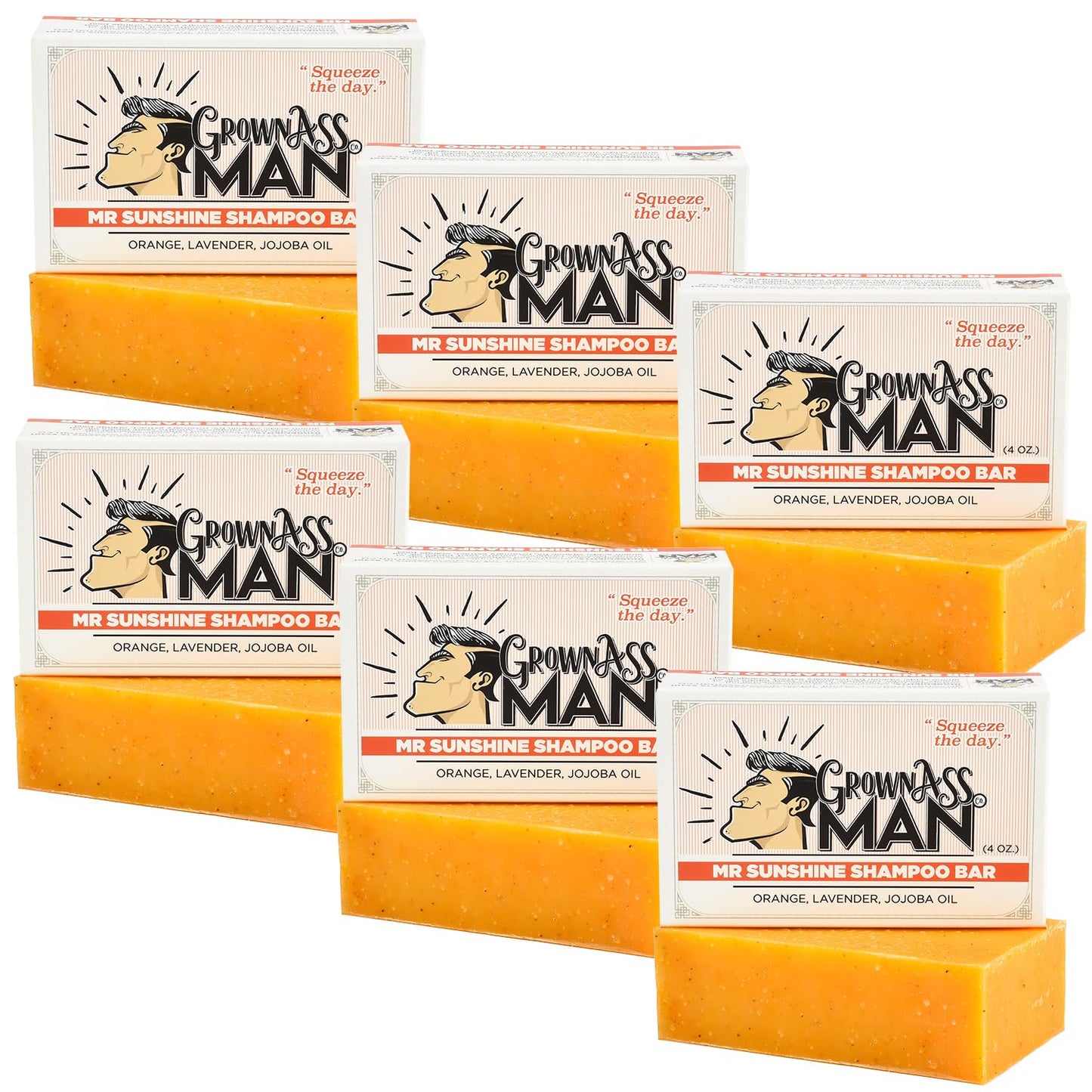 Grown Ass Man Co. - Solid Shampoo Bar Rich Lather 3 in 1: Hair, Beard & Body Wash - Plastic Free & Eco-Friendly, Natural & Organic Clean for All Hair Types, 4oz Bar (Mister Sunshine, 6-Pack)