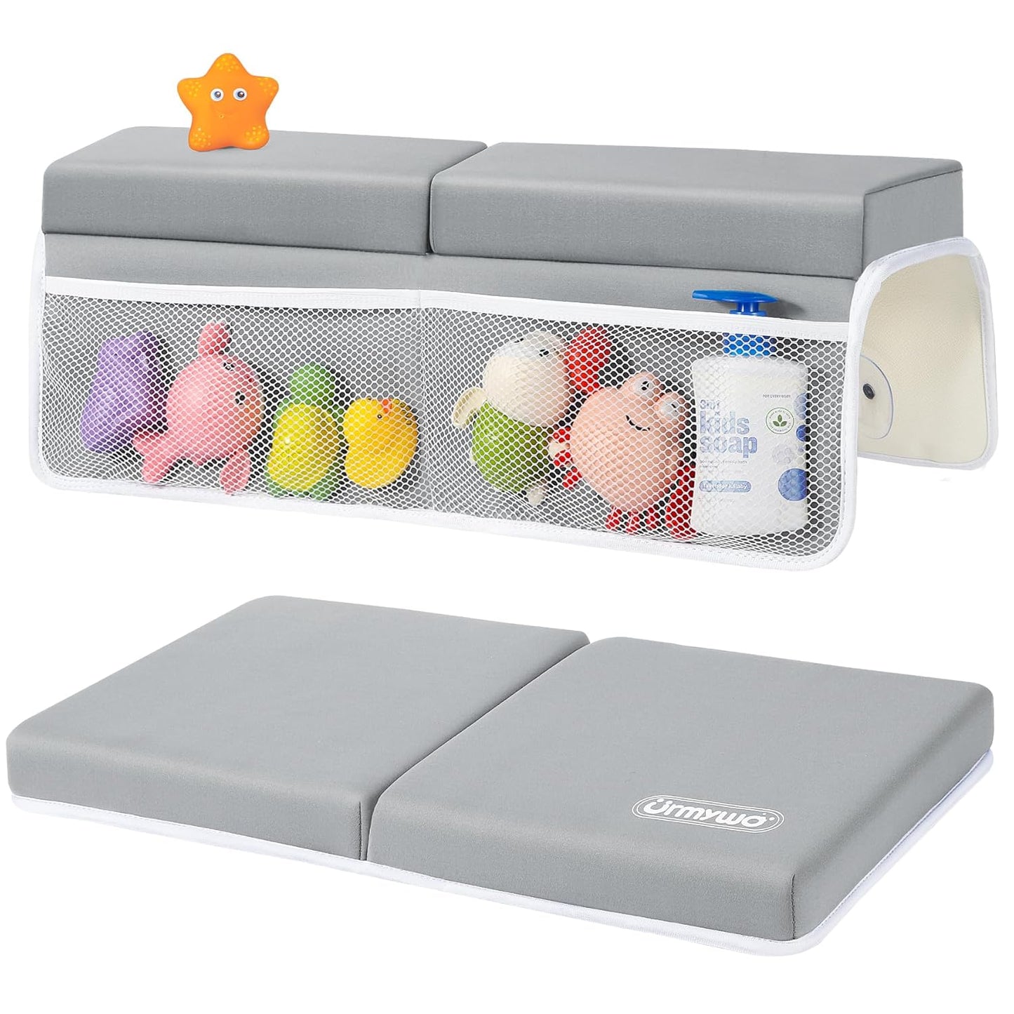 URMYWO Bath Kneeler and Elbow Rest Pad Set - 1.5" Thick Baby Bath Kneeler Pads with Toys Organizer, Anti-Slip Cozy Knee & Arm Support Bathtub Mat, Quick Dry Kneeling Pad for Baby Bath Time