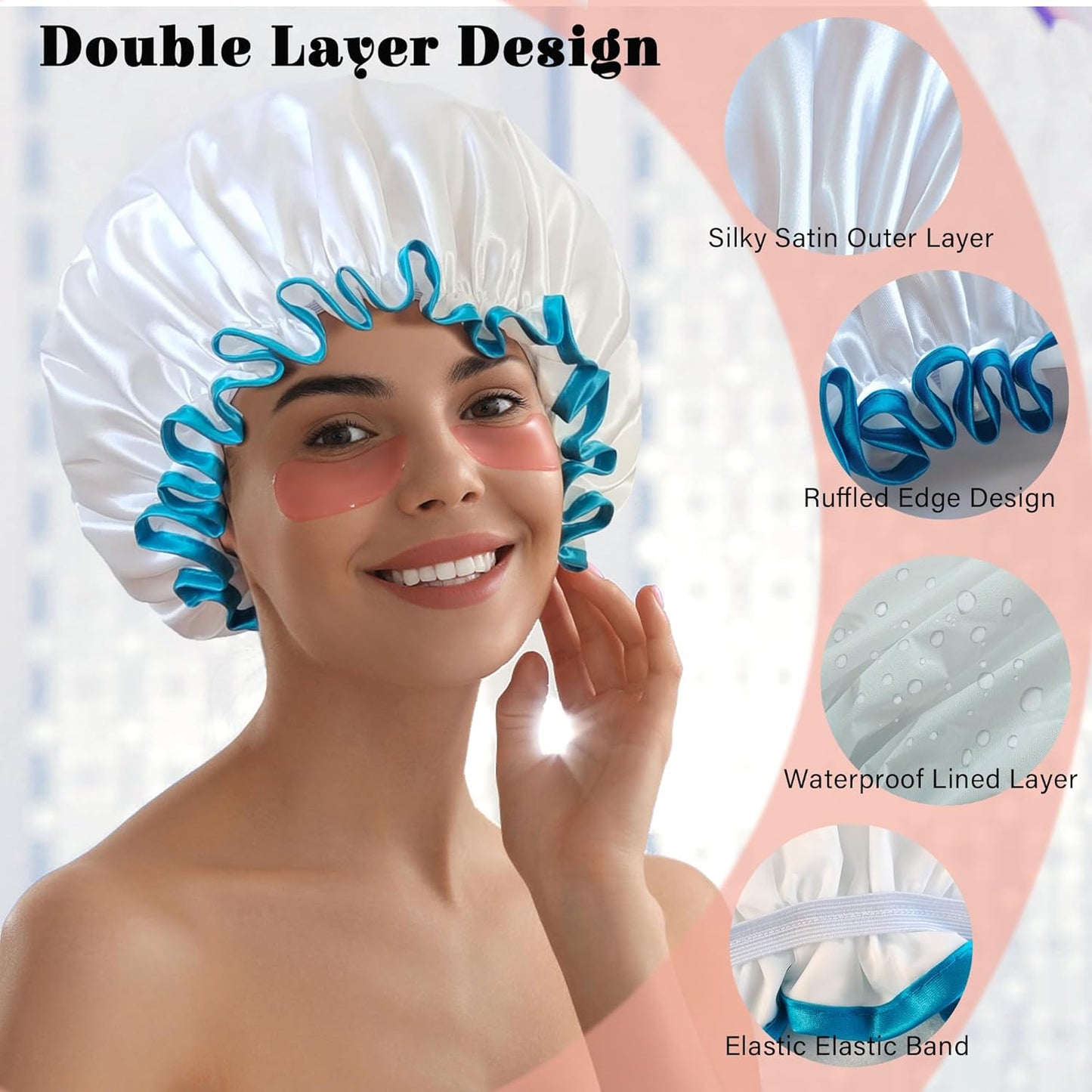 Shower Cap Reusable Waterproof, Large Shower Cap for Women, Shower Caps for Braids Long Hair, Double Layer Satin Plastic Hair Cap for Shower
