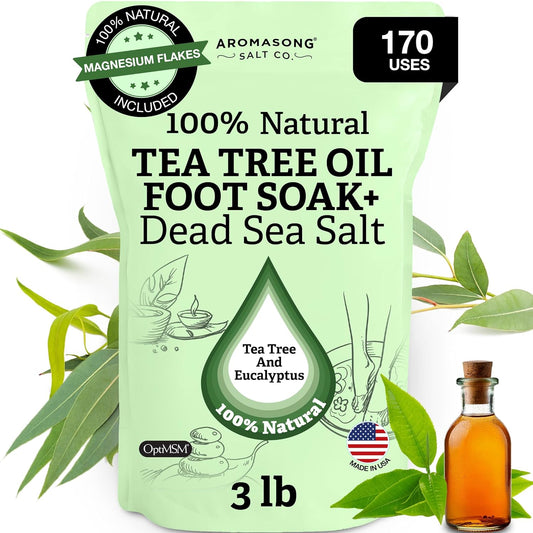 Aromasong Tea Tree Foot Soak with Magnesium Flakes and Dead Sea Foot Soaking Salts - Pedicure Tea Tree oil foot Soak for Dry Cracked Feet-Athlete's Callus Remover- Eliminates Odor- Packaging may vary