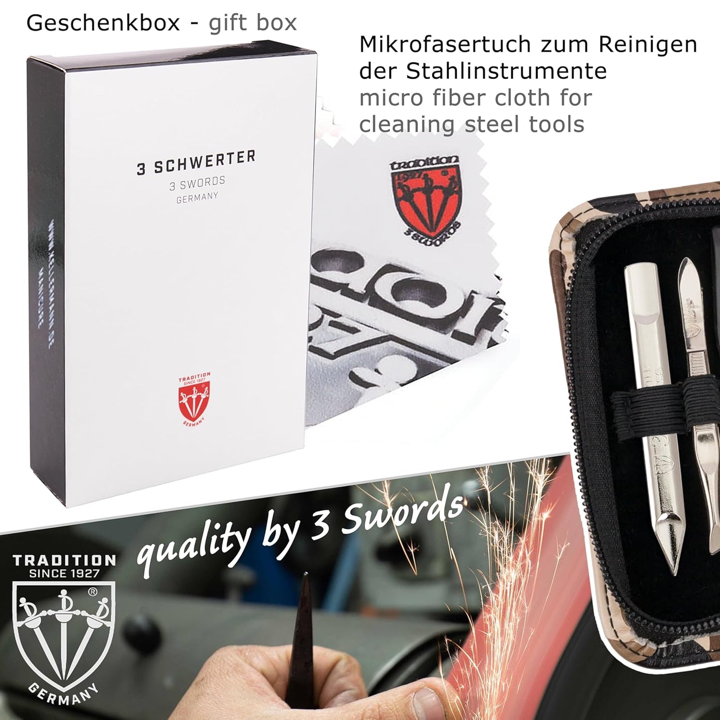 3 Swords Germany - brand quality 5 piece manicure pedicure grooming kit set with synthetic leather case camouflage - Made in Germany