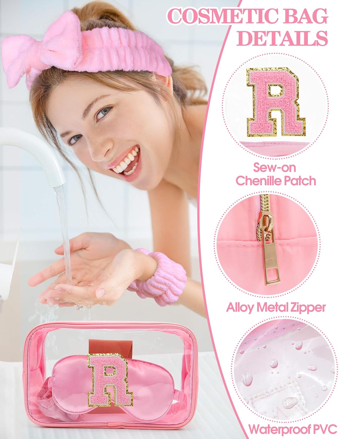 Gift Sets for Women, Initial Makeup Bag with Makeup Brush Set Bachelorette Party Favors, Pink Spa Kit with Skincare Headbands Wrist Bands Sleepover Party Supplies Gifts for Teen Girls Bridesmaid R