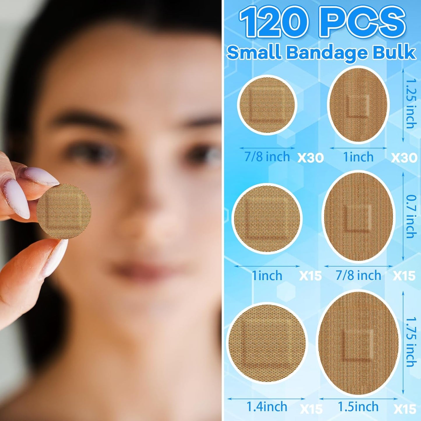 Geiserailie 120pcs Small Bandage Bulk Round Oval Bandages for Face Fabric Adhesive Flexible Breathable Bandages Fabric for Small Wound Protection Care, 6 Sizes, 7/8'', 1'', 1.4'', 1.5 x 1.75''