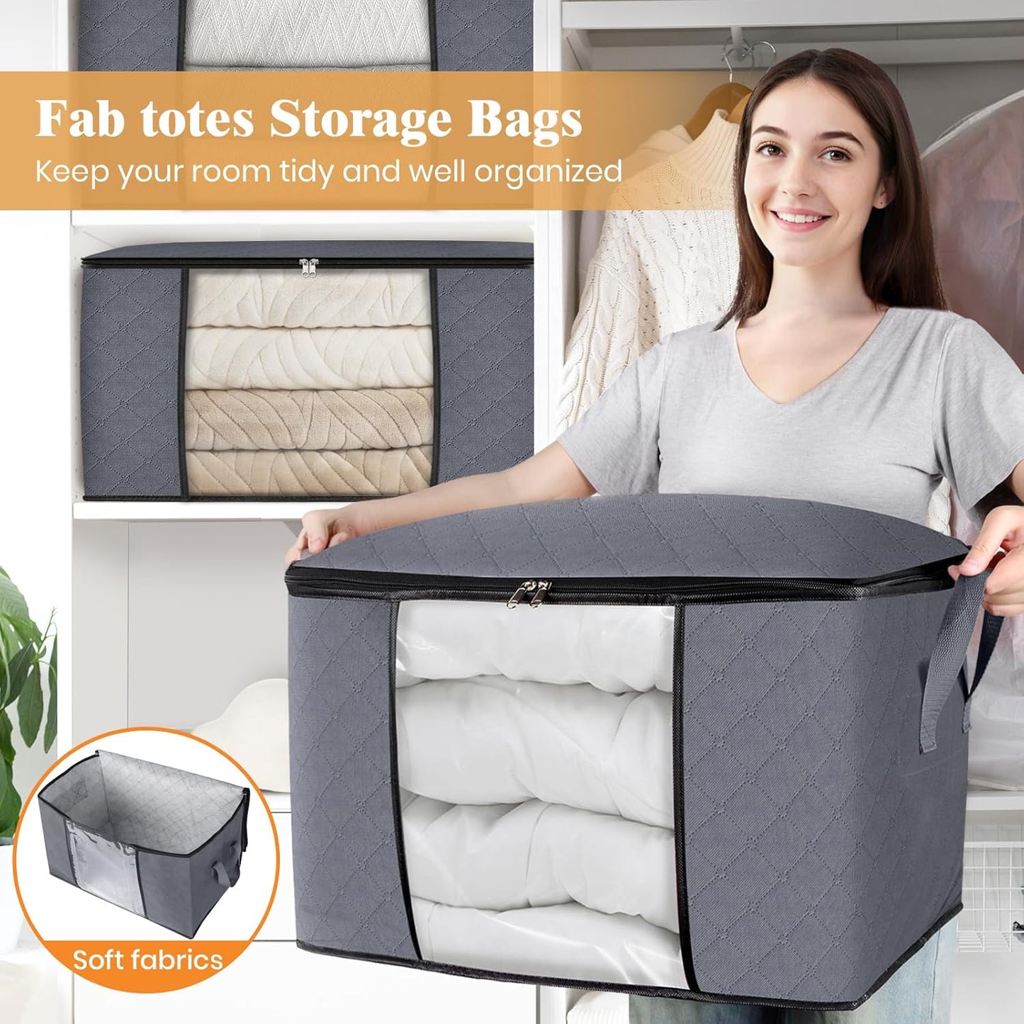 Fab totes 24 Gallons Clothes Storage, Foldable Thick Fabric Blanket Storage Bags, Containers for Organizing Bedroom, Closet, Clothing, Comforter, Organization with Handle (4 Pack,Grey)
