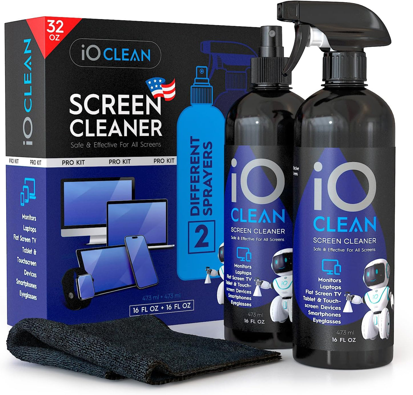 Screen Cleaner Spray (16oz+16oz) – Best Large Cleaning Kit for LCD LED OLED TV, Smartphone, iPad, Laptop, Touchscreen, Computer Monitor, Other Electronic Devices – 2 Microfiber Cloths and 4 Nozzles