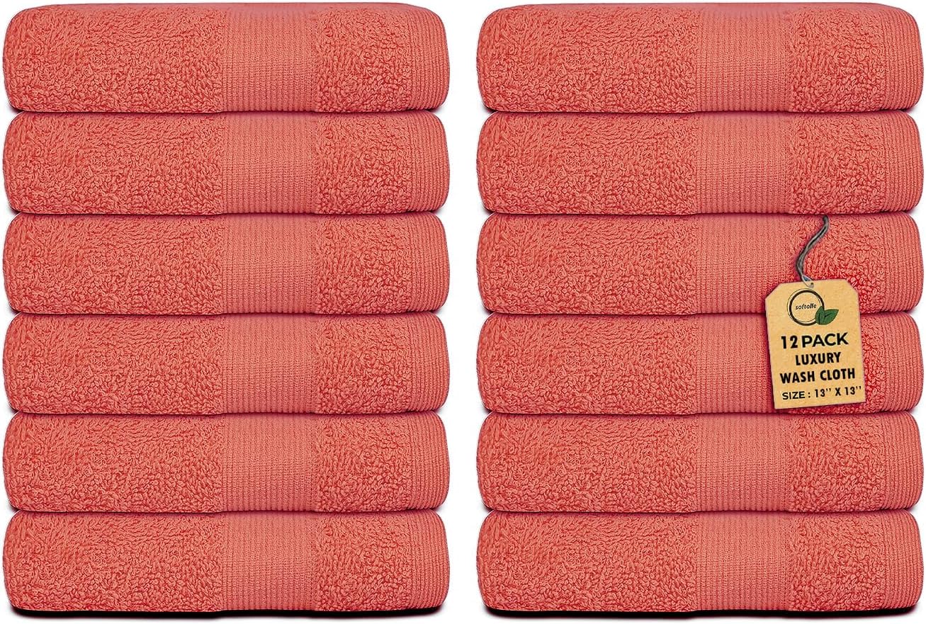 Premium Wash Cloths Pack of 12 (13" x 13") 100% Ring Spun Cotton | Luxury Washcloths | Ultra Soft Face Towels | Highly Absorbent Wash Cloths for face (Coral)