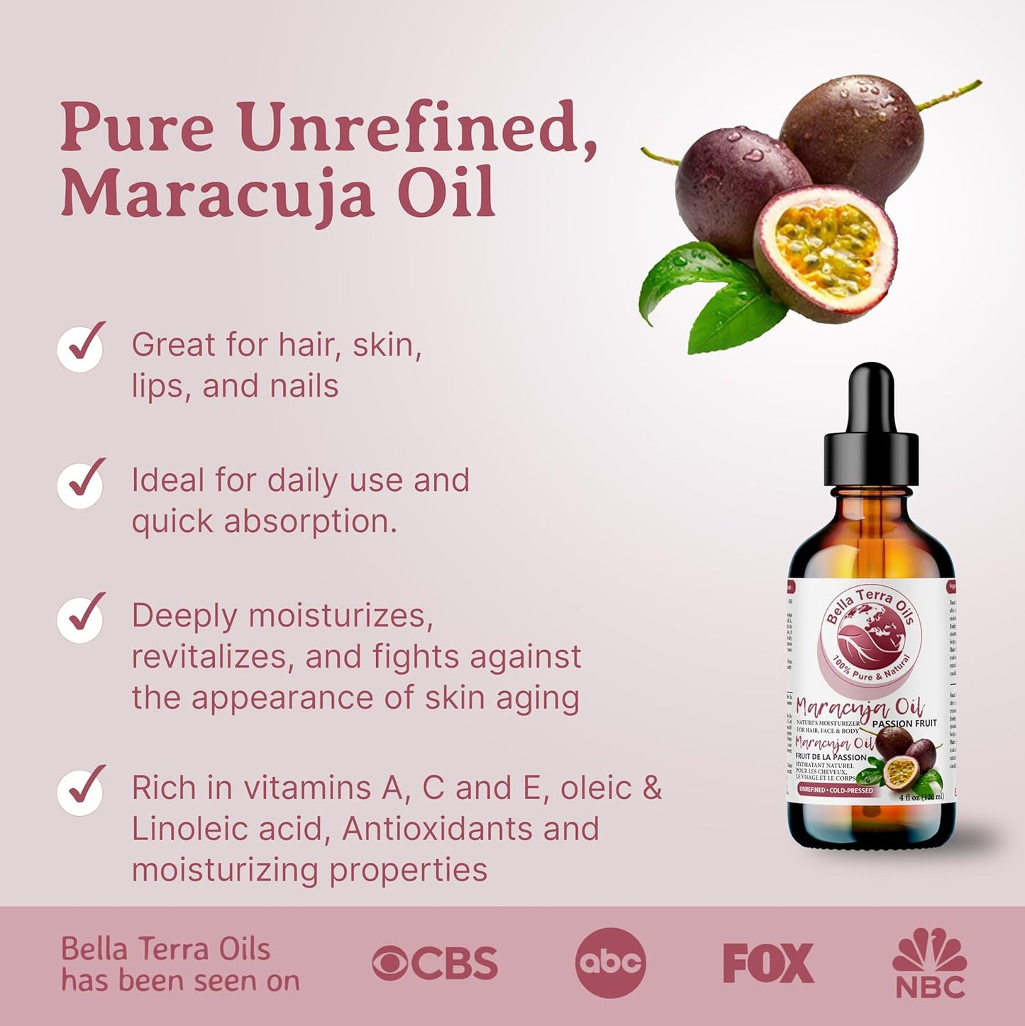 Bella Terra Oils - Maracuja Seed Oil 16oz - Cold-Pressed Purity from Passion Fruit Seeds, Infused with Essential Minerals & Fatty Acids, A Beacon for Skin Care Enthusiasts