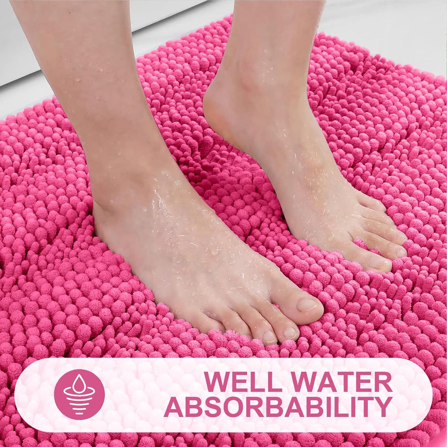 Grandaily Chenille Striped Bathroom Rugs 30x20, Extra Thick and Absorbent Bath Mats, Non-Slip Soft Plush Shaggy Shower Carpet, Machine Wash Dry, Bath Rug for Bathroom, (Medium, Hot Pink)