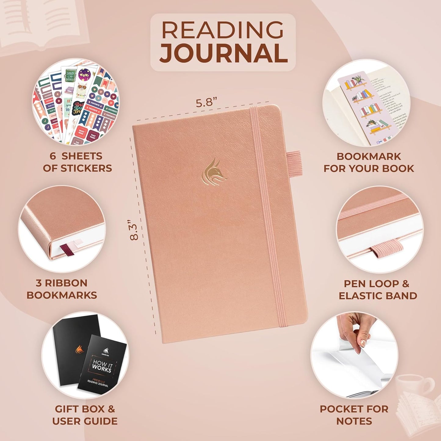 Clever Fox Reading Journal Premium – Review Log Notebook with Reading Tracker – Gifts & Accessories for Book Lovers, Adults & Kids (Rose Gold)