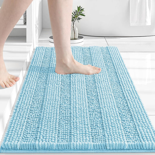 Grandaily Chenille Striped Bathroom Rugs 24x16, Extra Thick and Absorbent Bath Mats, Non-Slip Soft Plush Shaggy Shower Carpet, Machine Wash Dry, Bath Rug for Bathroom, (Small, Blue)