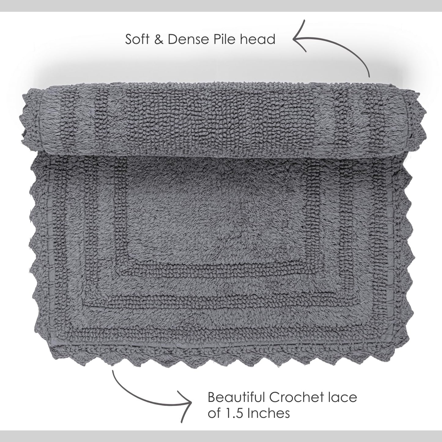 RAJRANG Titanium Grey Square Cotton Bath Mat – 24 Inch Crochet Pattern Bathroom Rug, Absorbent and Reversible Soft Mat for Daily Use in Vanity, Spa, Kitchen, or Entryway Decor