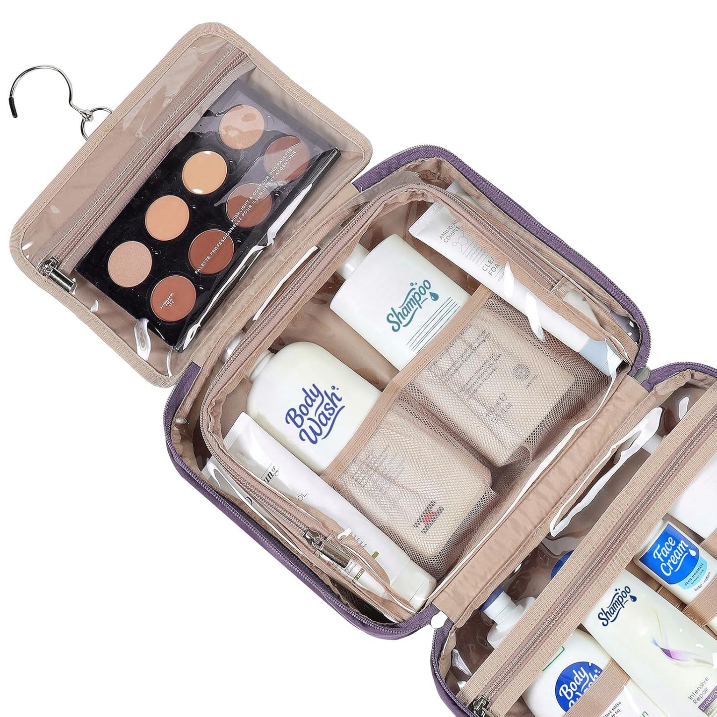 NISHEL Travel Toiletry Bag for Women Large Capacity, Makeup Essentials Organizer, Hanging Case for Accessories, Cosmetics, Purple