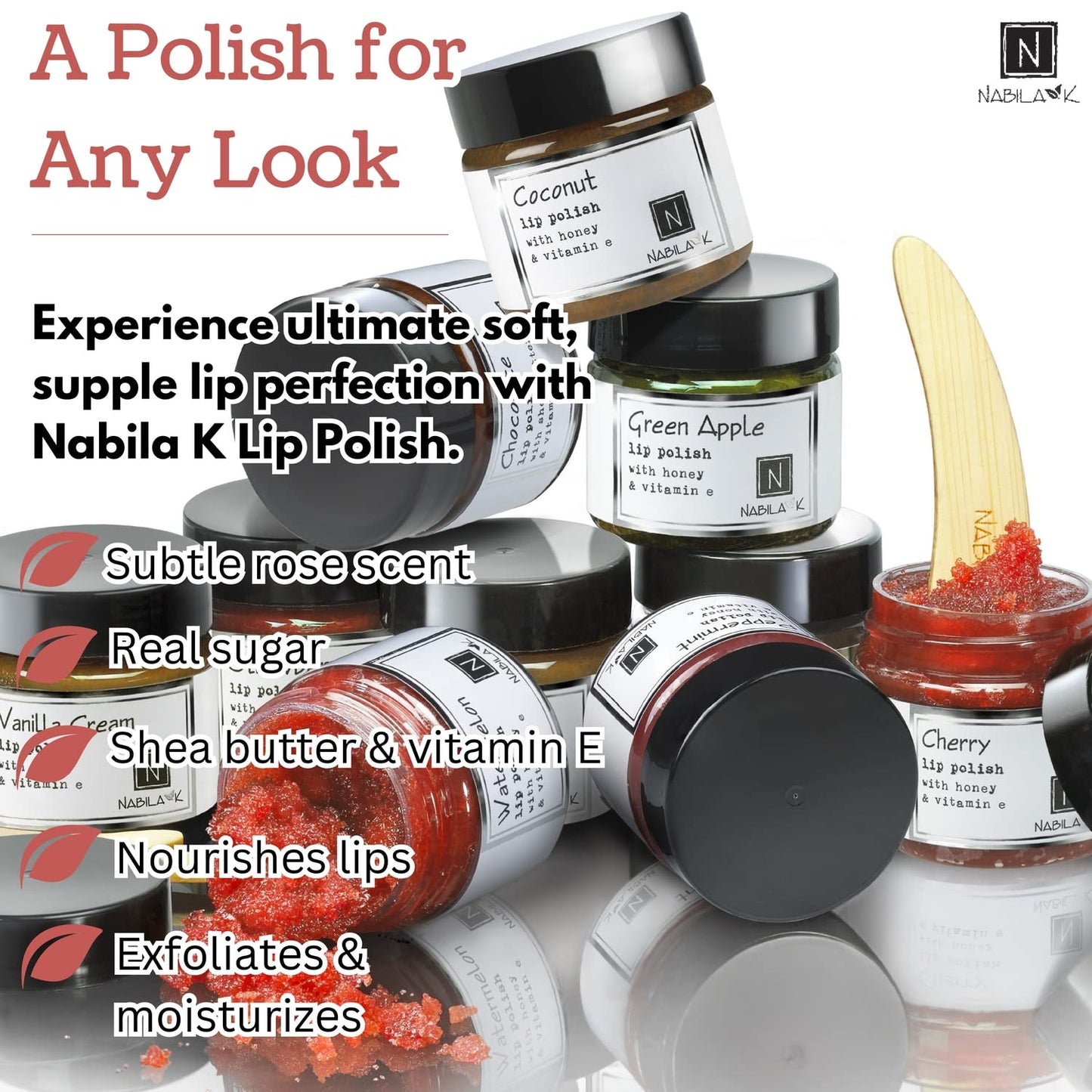 Rose Lip Polish, 1 oz by Nabila K - Hydrating Lip Exfoliator & Moisturizer with Shea Butter and Vitamin E for Dry and Chapped Lips - Cruelty-Free, Real Sugar, Made in USA