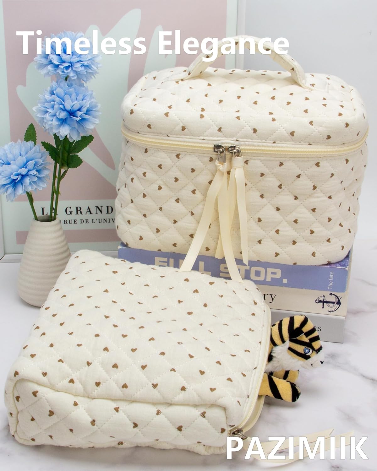 PAZIMIIK Quilted Makeup Bag Large Travel Zipper Soft Cosmetic Pouch for Women Girls Make Up,Gauze Heart Coffee