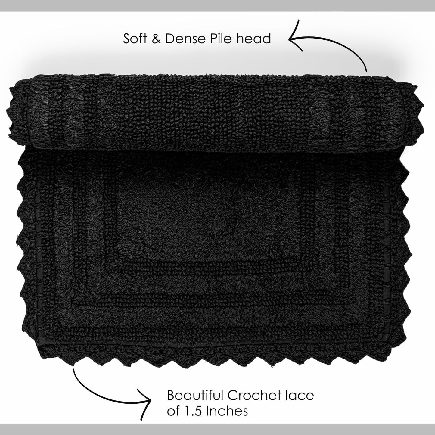 RAJRANG Black Cotton Bath Mat | Rectangle 34x21 Inches Soft Reversible Boho Rug with Crochet Detailing for Bathroom, Kitchen, or Spa | Absorbent and Washable Floor Mat