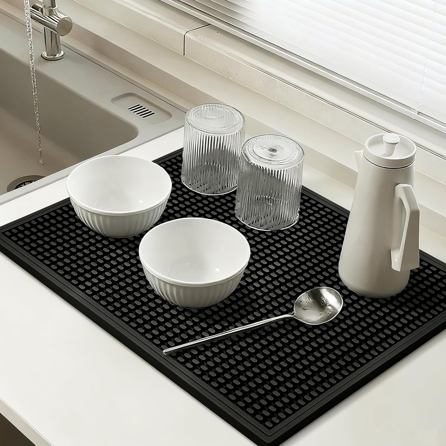 dish drying mat - 18" x 12" Black silicone drying mat , kitchen counter dish drying mats,rubber dish drying mat, Applies to bar mat、coffee mat