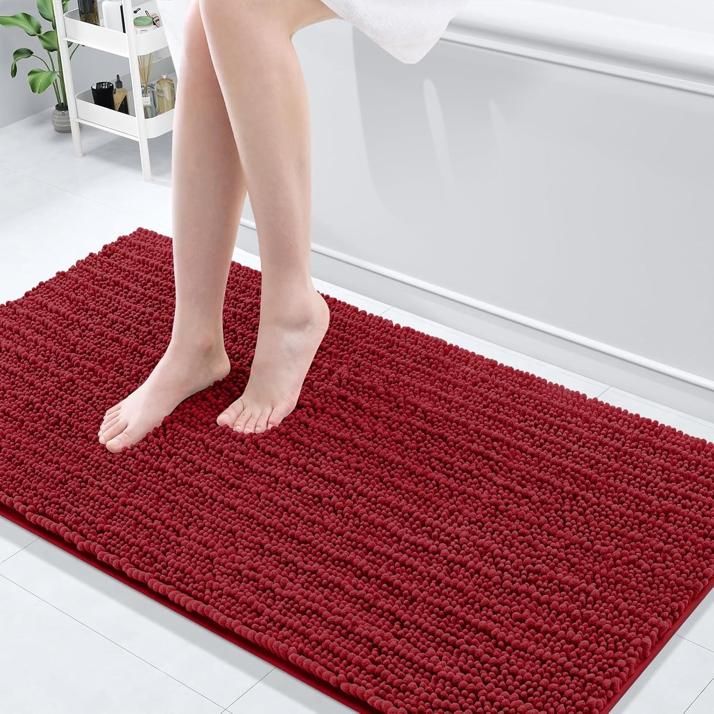 Arotive Luxury Chenille Bathroom Rug Mat, Extra Soft Thick Absorbent Shaggy Bath Rugs, Non-Slip Machine Wash Dry, Plush Bath Mats for Bathroom, Shower and Tub, 60x24, Red
