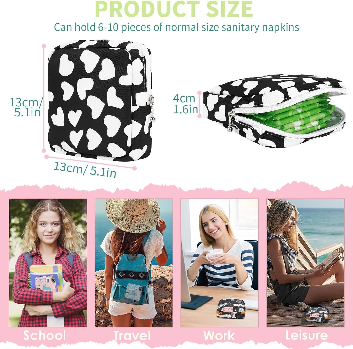 Desing Wish Portable Period Bag for Teen Pads, Napkins, Small Tampons - Sanitary Storage Bag, First Period Gifts for Teen Girls (Hearts)