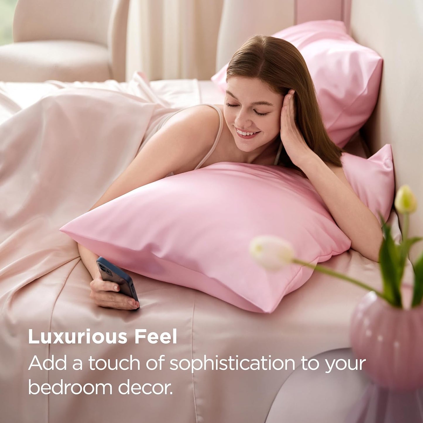 Bedsure Satin Pillowcase for Hair and Skin Queen, Similar to Silk Pillow Cases, Pillow Cases Set of 2 with Envelope Closure, Pink Room Decor Essentials for Girls, 20x30 Inches, 2pcs