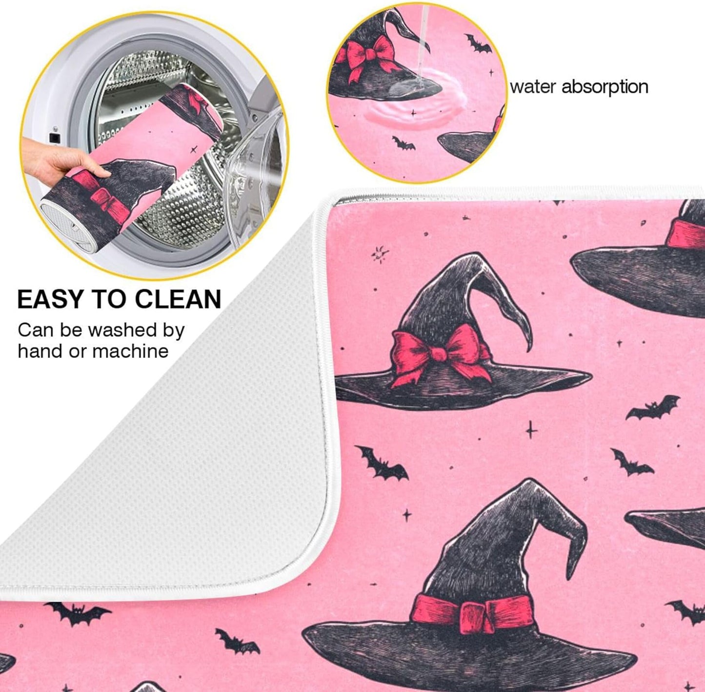 Witch Bow Hot Pink Dish Drying Mat for Kitchen Countertop 18x24 Halloween Bowknot Bat Large Drying Mat Reusable Quick Dry Dish Sink Mats Easy Clean Decorative Essentials