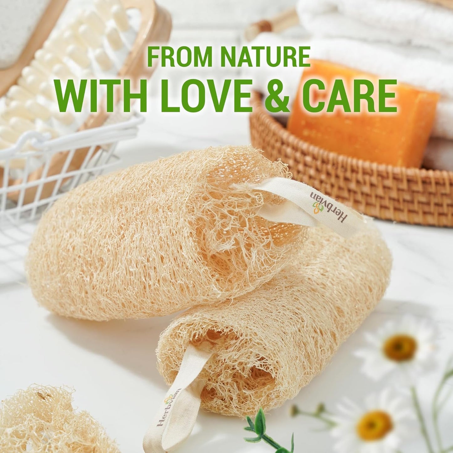 Natural Vietnamese Loofah Sponge, 100% Plant-Based Luffa Exfoliating Body Scrubber for Shower, Multi-Functional for Kitchen, Ideal for Men & Women, Spa & for Pet (Pack 4)