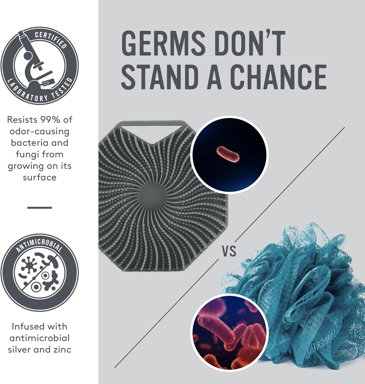 Sud Scrub® Antimicrobial Silicone Body Scrubber, Exfoliating Body Scrubber for Sensitive Skin, Eco Friendly Shower Scrubber for Body, Silicone Body Brush for Showering, Charcoal