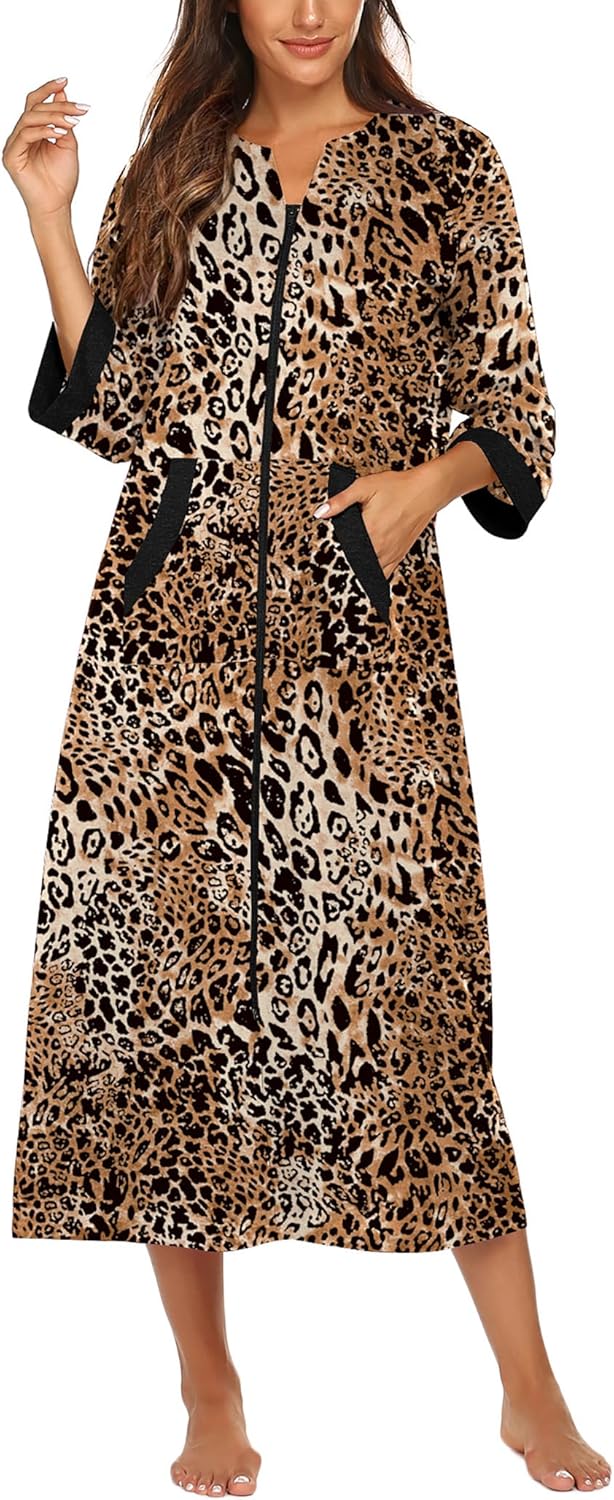 Ekouaer Women Zipper Robe 3/4 Sleeves Loungewear Dress Full Length Sleepwear Pockets Housecoat Nightgown Long Bathrobe