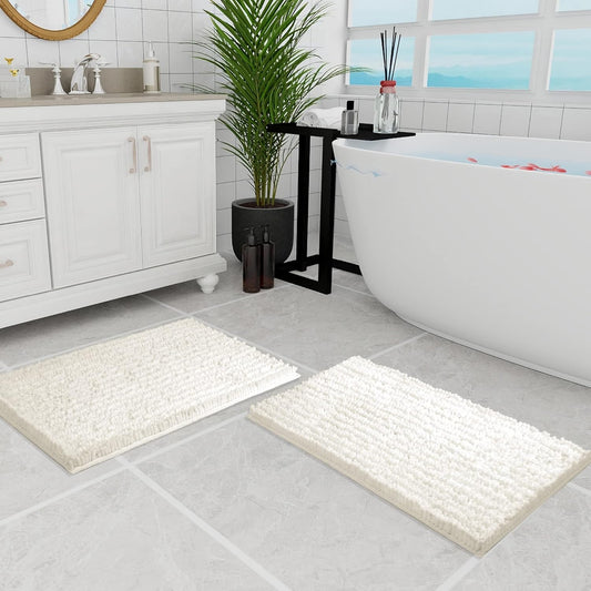 Walensee Bathroom Rug 2 Pieces Set Non Slip Bath Mat (20"x32" Plus 20"x32" Ivory) Water Absorbent Super Soft Shaggy Chenille Machine Washable Dry Extra Thick Perfect Carpet for Shower Floor