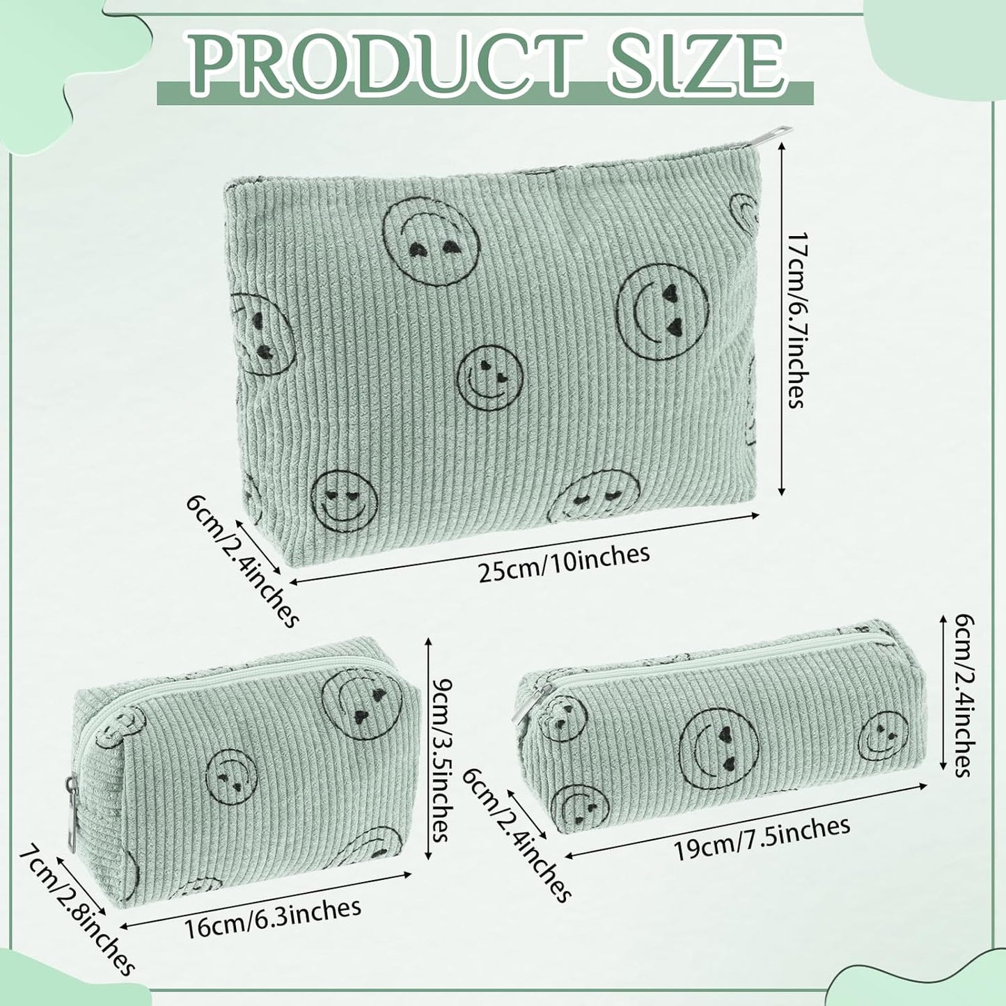3 Pcs Makeup Bag Set for Women Corduroy Cosmetic Pouch Aesthetic Smile Travel Toiletry Bag Cute Purse Pouch Pencil Case Makeup Brushes Storage Organizer for Christmas(Green,Smile Face)
