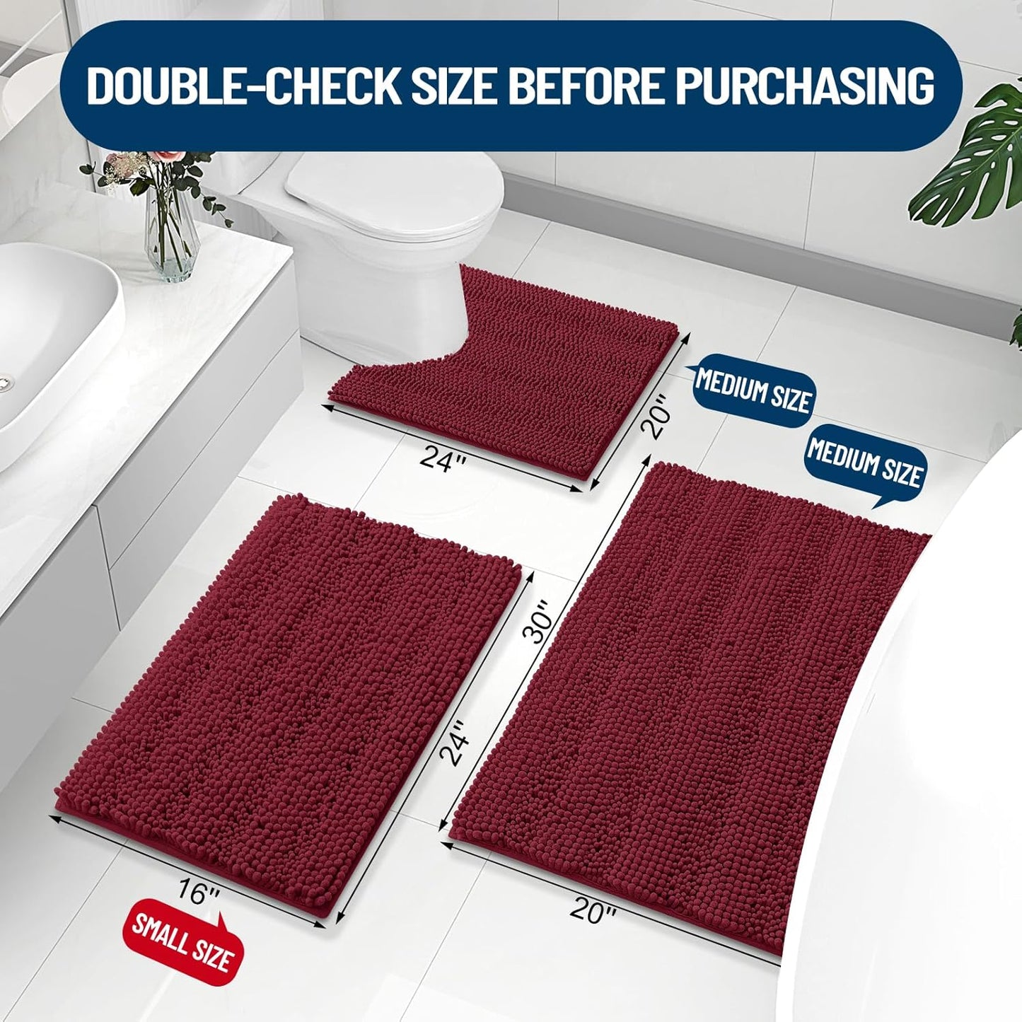 Grandaily Chenille Striped Bathroom Rugs 59x24, Extra Thick and Absorbent Bath Mats, Non-Slip Soft Plush Shaggy Shower Carpet, Machine Wash Dry, Bath Rug for Bathroom, Burgundy