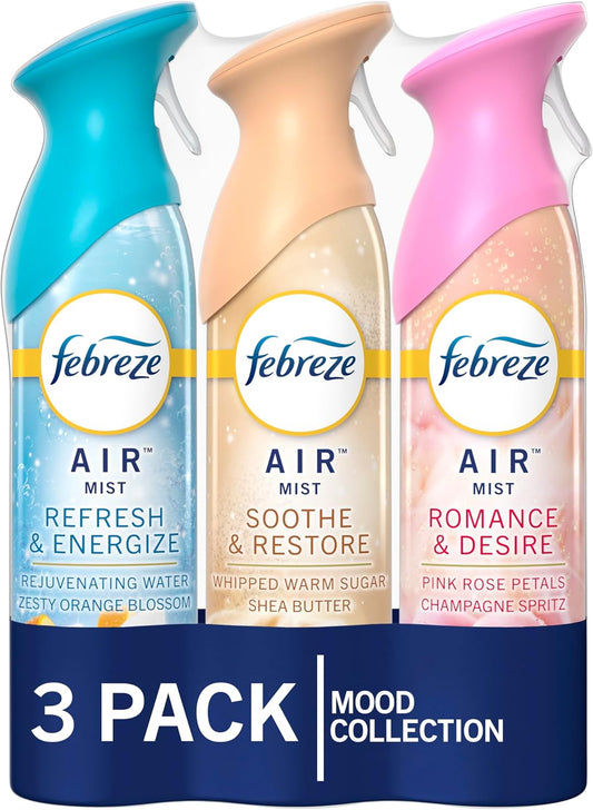 Febreze Air Mist Air Freshener Spray, Odor-Fighting Room Spray for Home and Bathroom and Kitchen, Aerosol Can, Refresh & Energize, Soothe & Restore, Romance & Desire Scent, 8.8oz, 3 Count