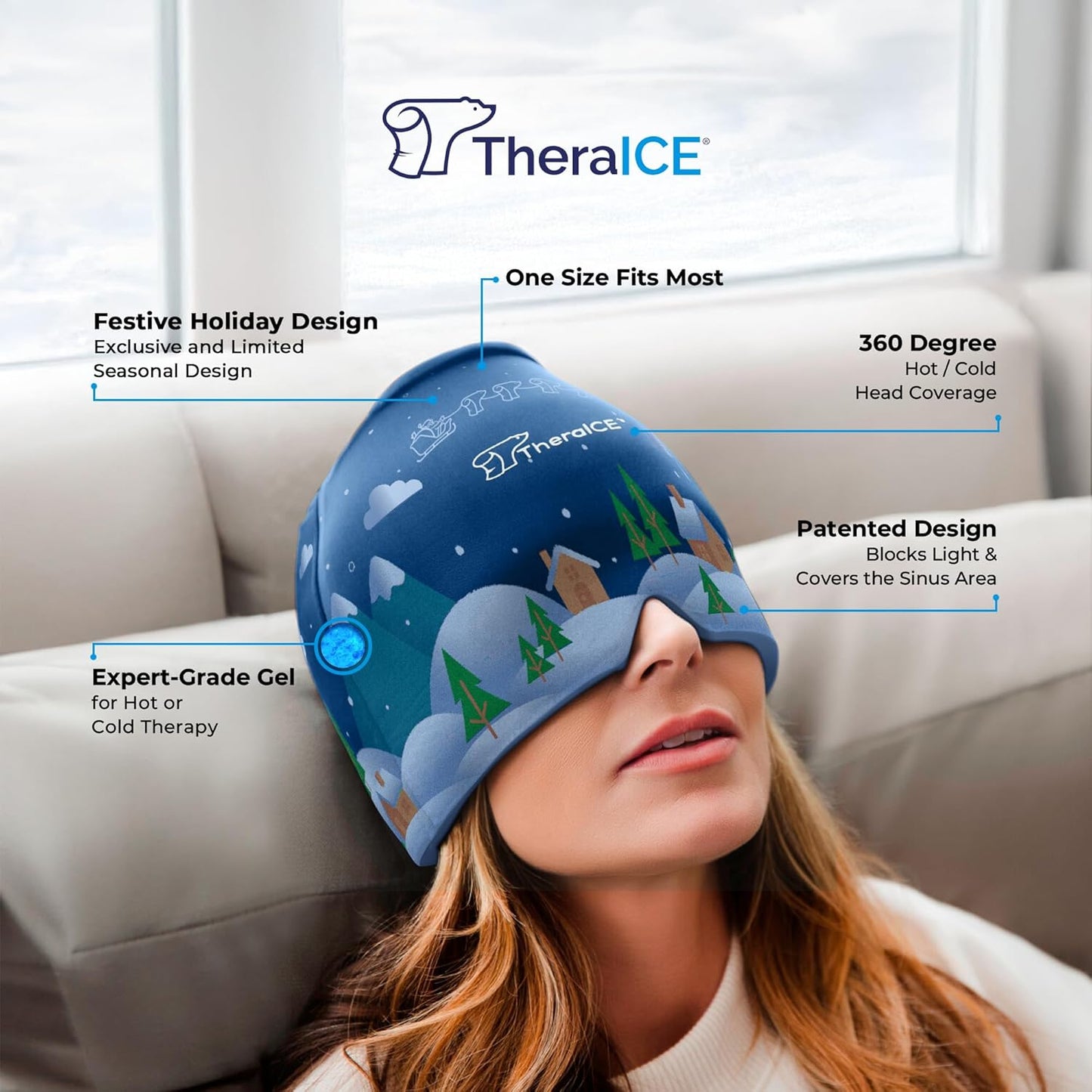 TheraICE Migraine Relief Cap, Cooling Gel Hat, Soothing Headache Ice Pack Mask Products, Face Cold Compress Head Wrap for Tension & Stress