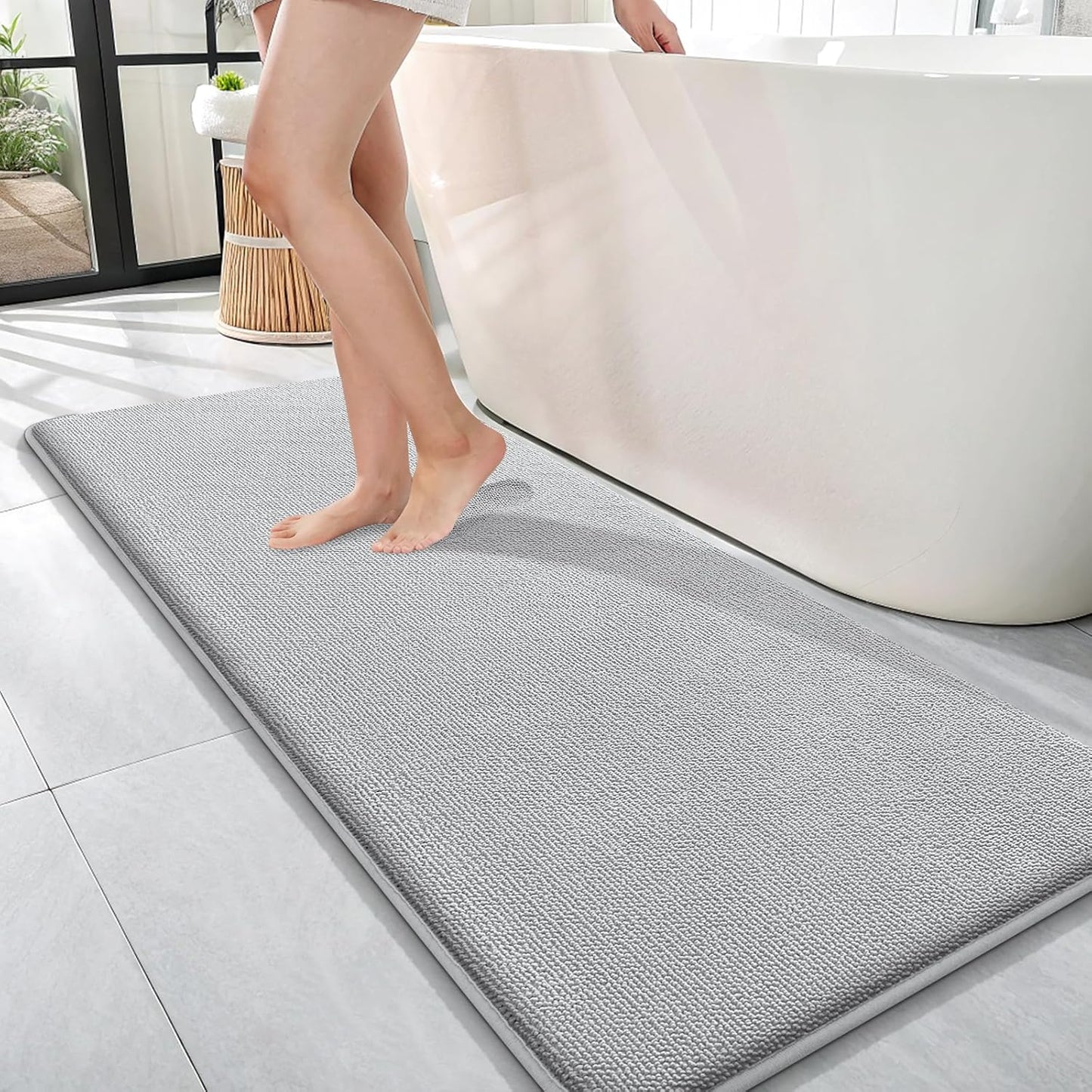 OLANLY Thick Memory Foam Bath Mat Rug 47x17, Extra Soft Absorbent Bathroom Rug, Quick Dry Bath Mats, Non-Slip, Machine Washable Carpet for Bathroom, Tub and Shower, Home Decor Accessories, Light Grey
