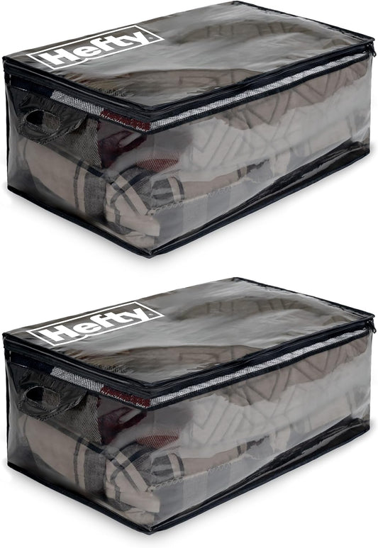 Hefty Storage Bags Extra Large Double Zipper Backpack, Heavy Duty Water Resistant Moving Totes with Shoulder Straps, Foldable Reusable Packing Organizers, 2 Pack (X-Large Black)