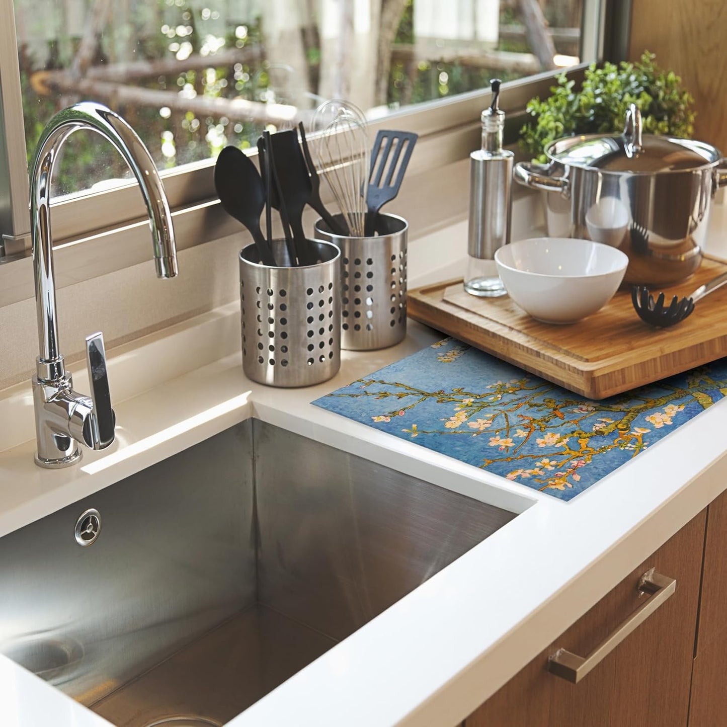 Almond Blossom Tree Dish Drying Mat for Kitchen Counter Decor,Flower Dish Drying Rack Pad Absorbent Reversible Microfiber for Coffee Tableware Sink Countertop 18x24 Inch