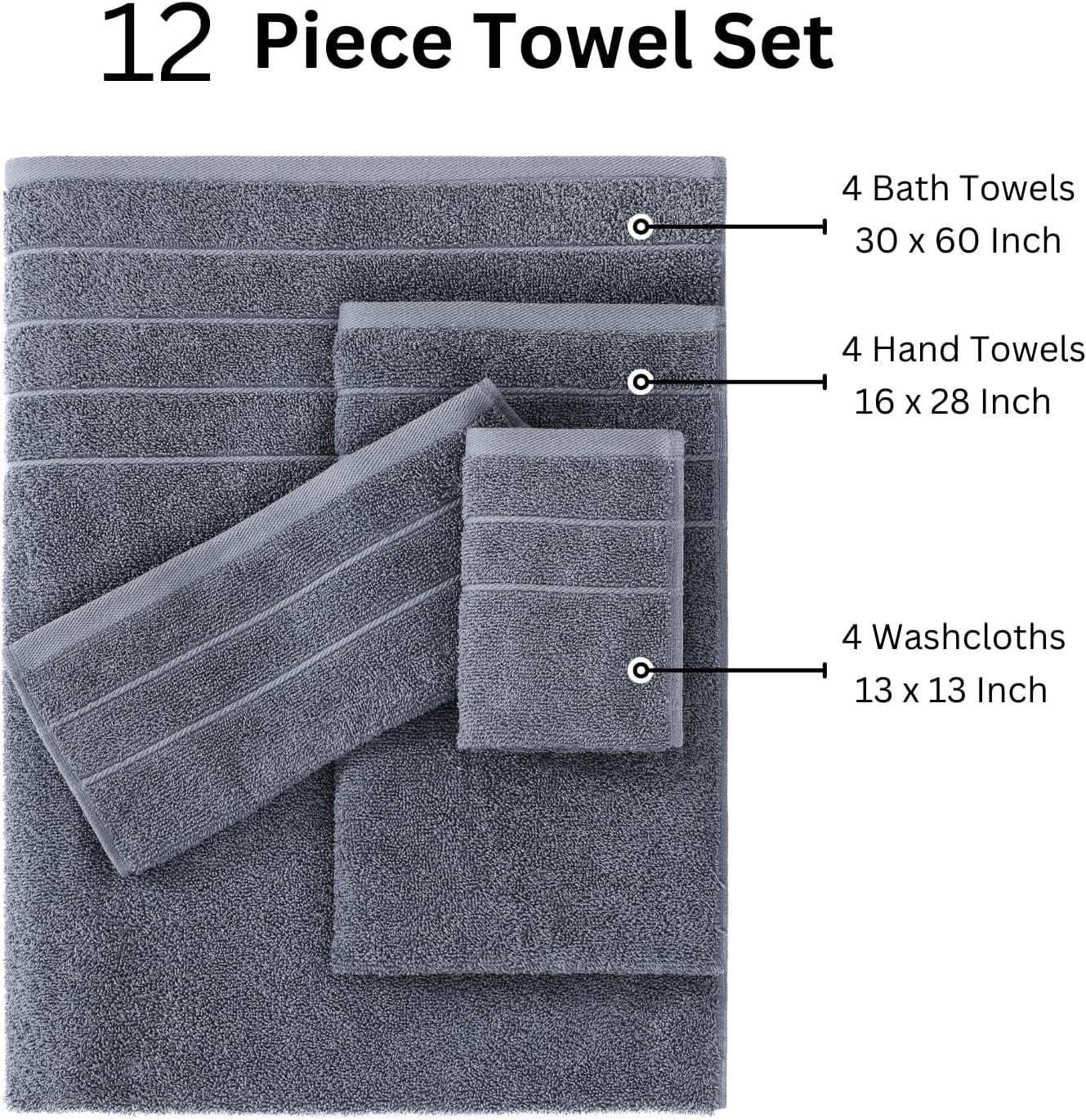 Casa Platino 100% Cotton Luxury Bathroom Towel Set - 12 Pc - Ring Spun, Quick Dry, Soft & Highly Absorbent - 4 Bath, 4 Washcloths, 4 Hand Towels - Remains Plush After Multiple Washes - Cool Grey