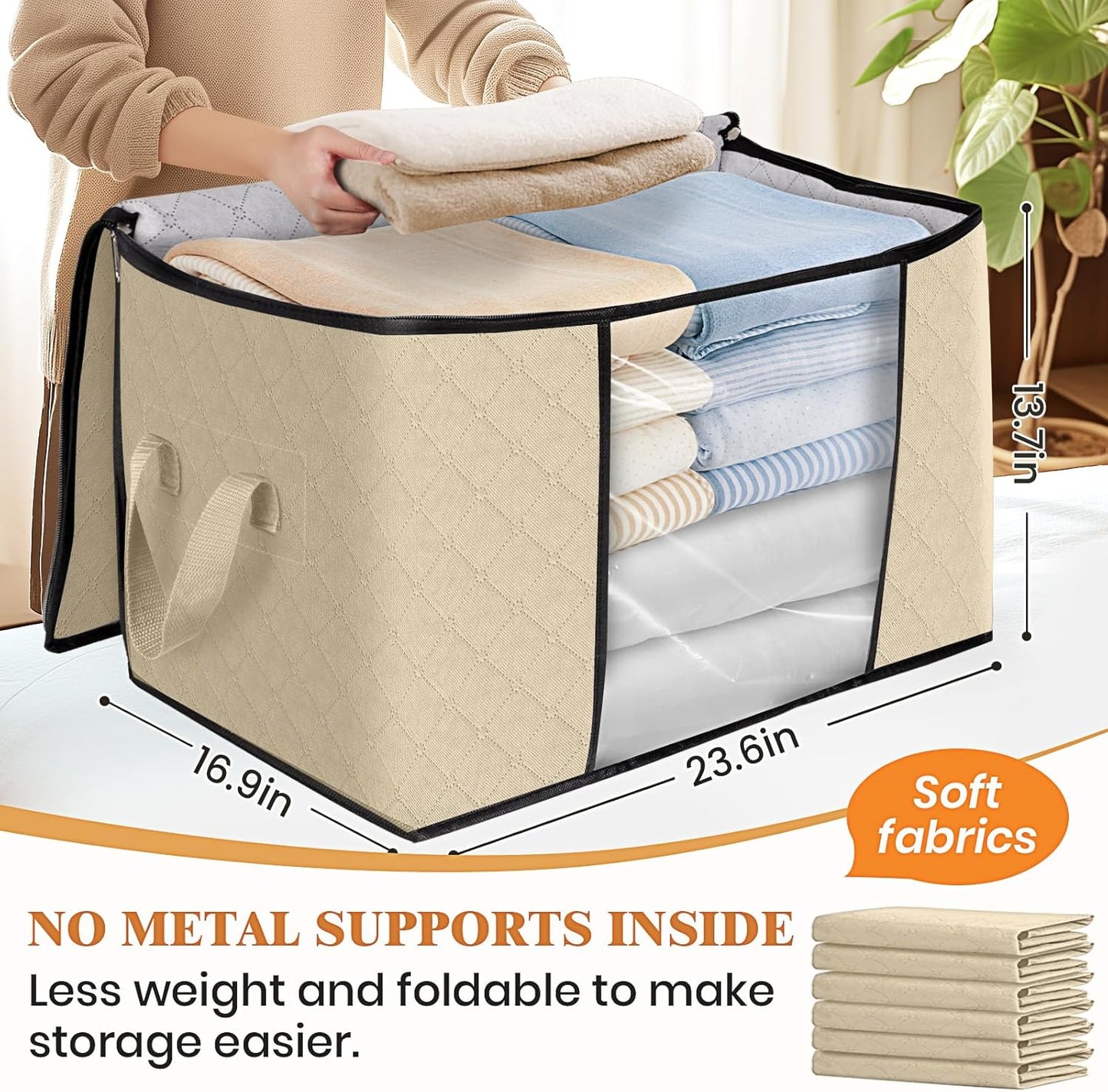Fab totes 24 Gallons Clothes Storage, Foldable Thick Fabric Blanket Storage Bags, Containers for Organizing Bedroom, Closet, Clothing, Comforter, Organization with Handle (10 Pack,Beige)