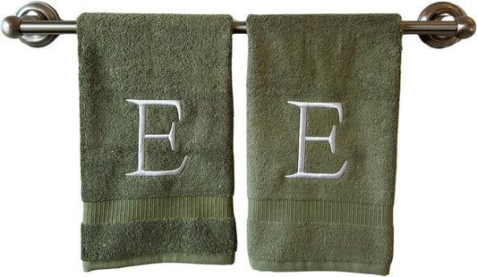 Sage Initial Hand Towel for Bathroom - Monogrammed Luxury Hotel Quality Decorative Embroidered Towel for Powder Room, Spa - GOTS Organic Certified - Set of 2 Letter E