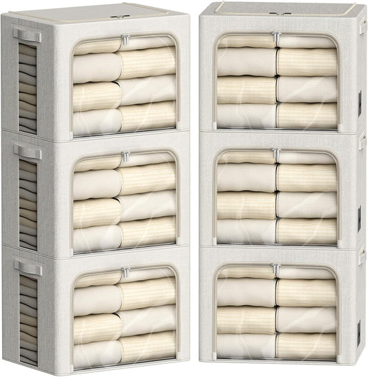 FHSQX 6 Pack Clothes Storage Bins with Metal Frame Foldable Storage Bins for Clothes Linen Fabric Storage Box with Clear Window (Lvory White, 15.7x11.8x11.8inch(36L))