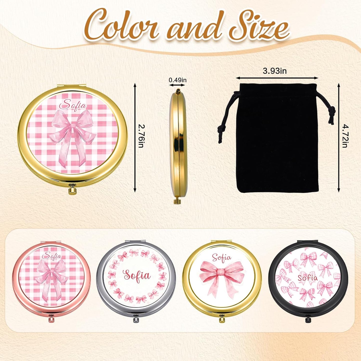 Custom Compact Mirror with Name - Personalized Flip Makeup Travel Pocket Mirror Gift for Women Bridesmaids Wedding Birthday (Bownot)