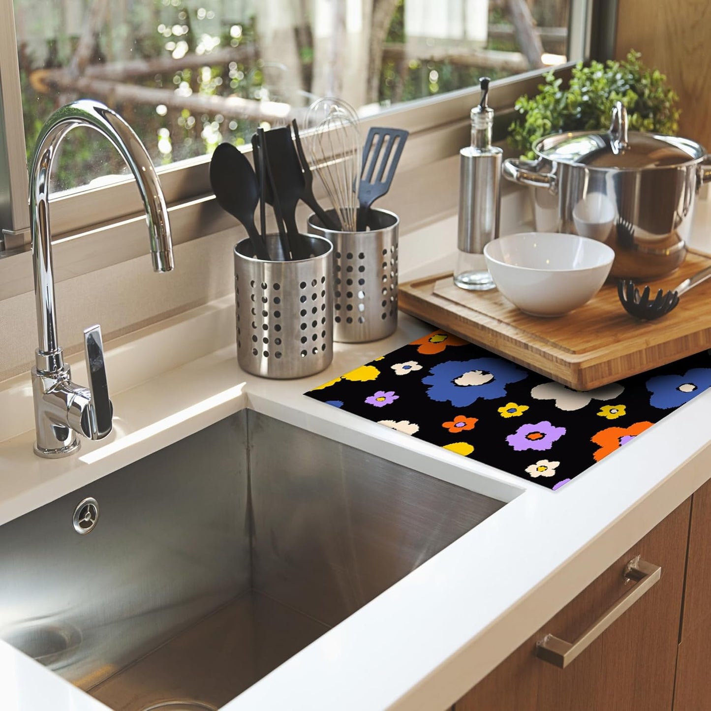 Retro Groovy Hippie Boho Dish Drying Rack Mat for Kitchen Counter,Daisy Flower Dish Drying Pad Absorbent Reversible Microfiber Protector for Coffee Bar Sink Countertops 18x24 Inch