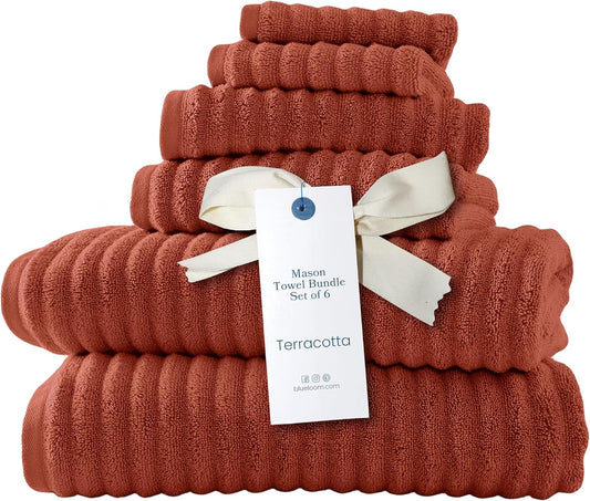 Blue Loom Ribbed Bath Towels Set, 100% Cotton 600GSM, Soft Absorbent Durable 2 Bath Towels, 2 Hand Towels, 2 Wash Cloths for Bathroom - Mason (58" x 30" inch Towels) (Terracotta, 6 Piece)