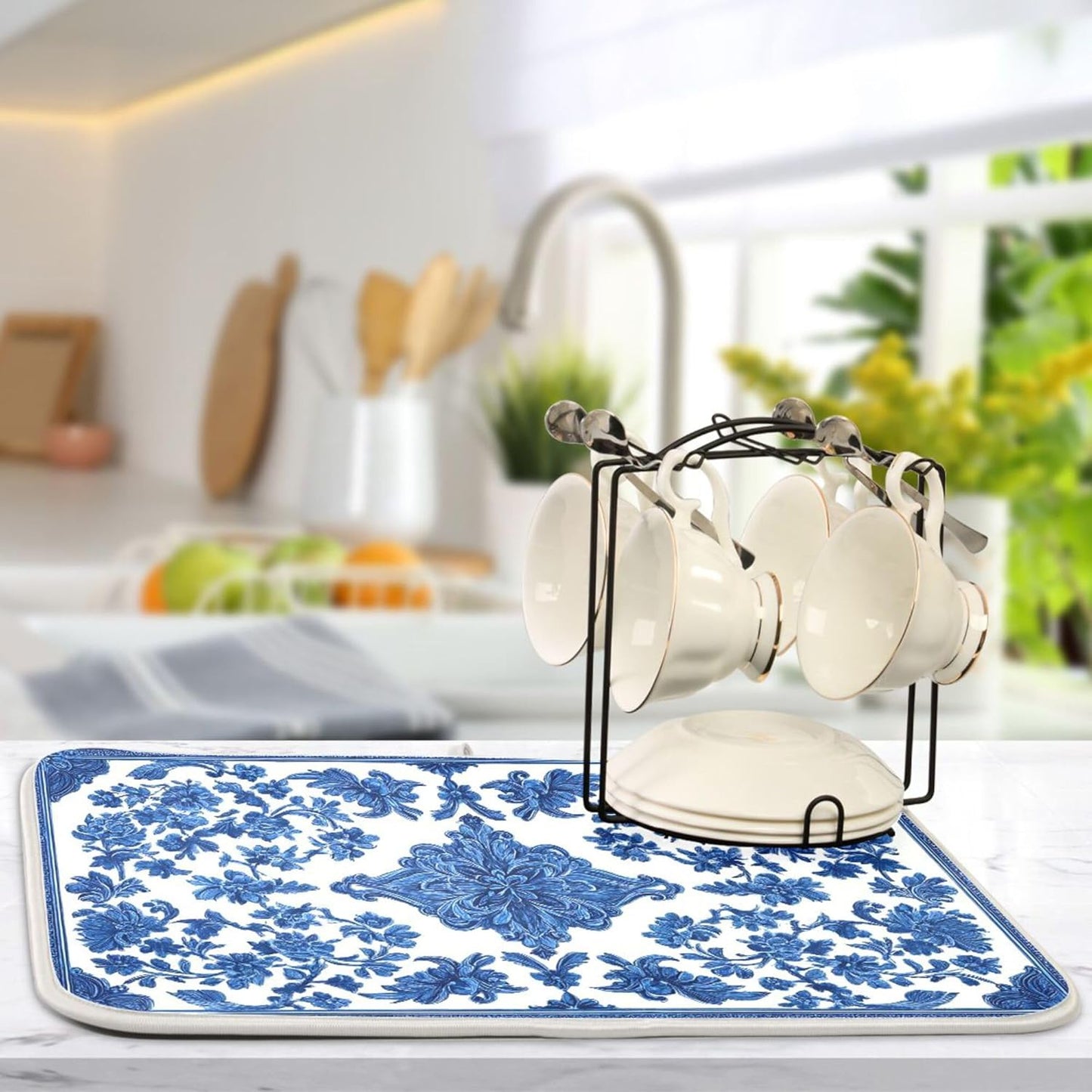 Blue White Porcelain Floral Dish Drying Mat for Kitchen Countertop 18x24 Rectangle Large Drying Mat Reusable Quick Dry Dish Sink Absorbent Mats Dishwasher Easy Clean Decorative Home Decor Essentials
