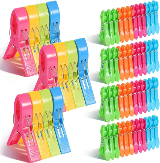 LemonRoad 12 Pcs Towel Clips Beach Towel Clips Large Plastic Clothes Pegs with 60 Pcs Small Plastic Clothespins Hanging Clothes Clamps for Cruise Yellow, Blue, Green, Pink, Orange