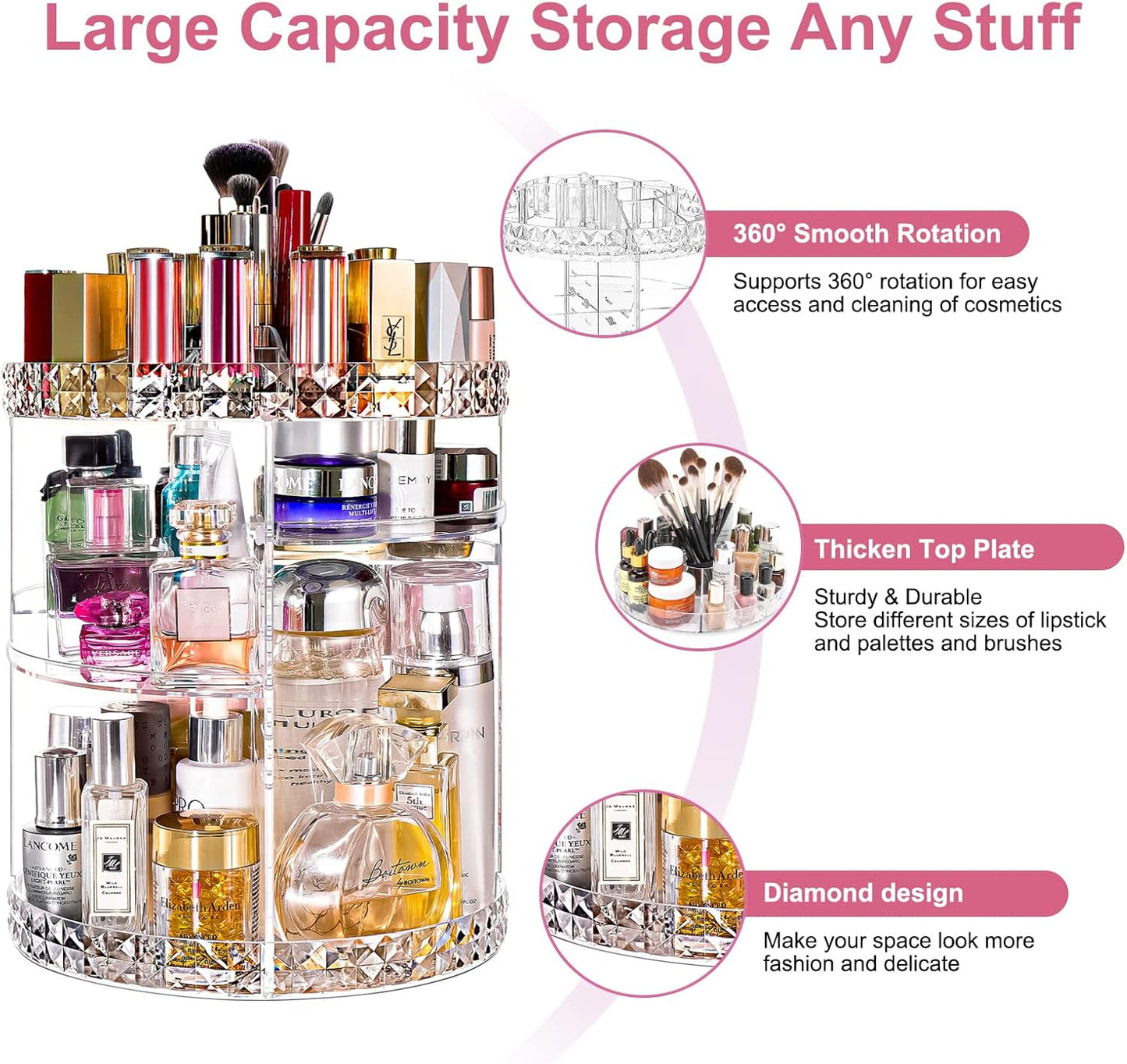 V-HANVER Makeup Organizer Combo - 360° Rotating Makeup Organizer with 7 Adjustable Layers Acrylic Skincare Organizer Large Cosmetic Display Case Clear Perfume Organizer with Makeup Lipstick Holder