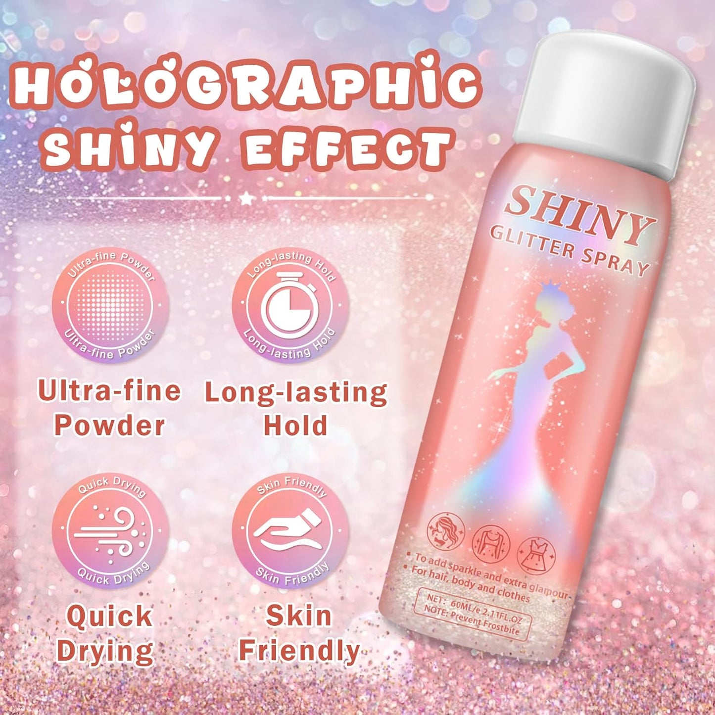 Body Glitter Spray,Holographic Glitter Hairspray,Long-lasting and Quick-drying,Shimmer Spray for Kids Women,Suitable for Festival Music Concert Party Rave Accessories (Rainy-Rainbow)
