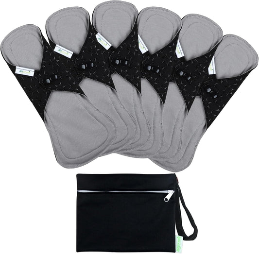 wegreeco 6 Pcs Reusable Menstrual Pads, Ultra Absorbent Cloth Pads for Heavy Flow, Sanitary for Teens, Women, Nonslip, Grey Inner, Black Outer, X-Large