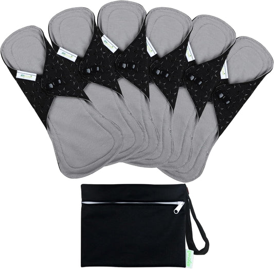 wegreeco 6 Pcs Reusable Menstrual Pads, Ultra Absorbent Cloth Pads for Heavy Flow, Sanitary for Teens, Women, Nonslip, Grey Inner, Black Outer, Medium